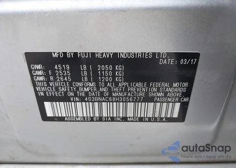 2017 Subaru Legacy 2.5I Premium from USA, damaged, VIN 4S3BNAC68H3056777